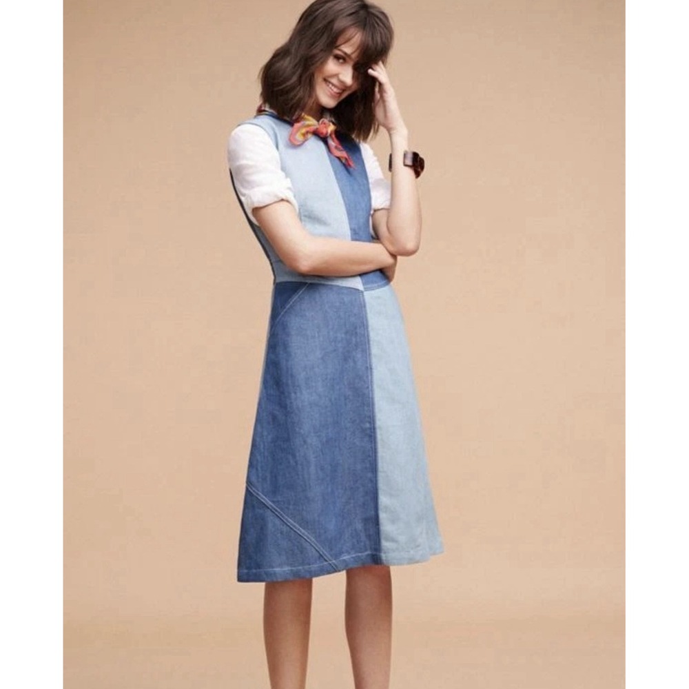 Anthropologie Holding Horses Denim Patchwork Midi Dress Womens Size 2 Sleeveless - Picture 3 of 14